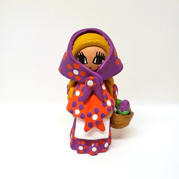 Big Eyes Girl Figurine Fruit Vegetables Market Basket Polka Dot Clay Folk Art - Picture 1 of 11